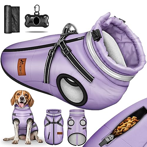 TRESKO® Hundejacke Winter mit Reflektoren inkl. 15 Stück Kotbeutel + Spender | Hunderegenmantel wasserdicht | Hundemantel mit Geschirr | Hunde Winterweste gefüttert (XL, Lila) von TRESKO