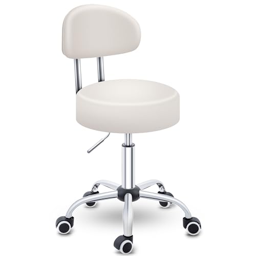 TRESKO® Rollhocker mit Lehne Beige | Arbeitshocker höhenverstellbar 46-58 cm | Drehhocker mit Rollen | Bürostuhl Hocker Drehstuhl Kosmetikhocker von TRESKO