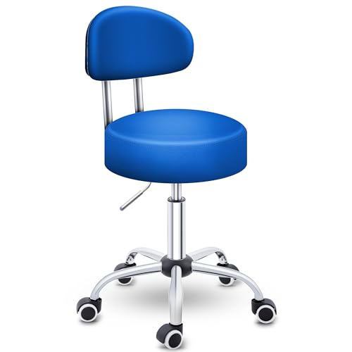 TRESKO® Rollhocker mit Lehne Blau | Arbeitshocker höhenverstellbar 46-58 cm | Drehhocker mit Rollen | Bürostuhl Hocker Drehstuhl Kosmetikhocker von TRESKO