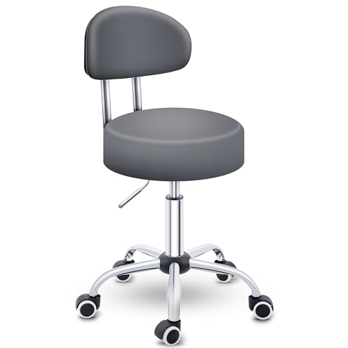 TRESKO® Rollhocker mit Lehne Grau | Arbeitshocker höhenverstellbar 46-58 cm | Drehhocker mit Rollen | Bürostuhl Hocker Drehstuhl Kosmetikhocker von TRESKO
