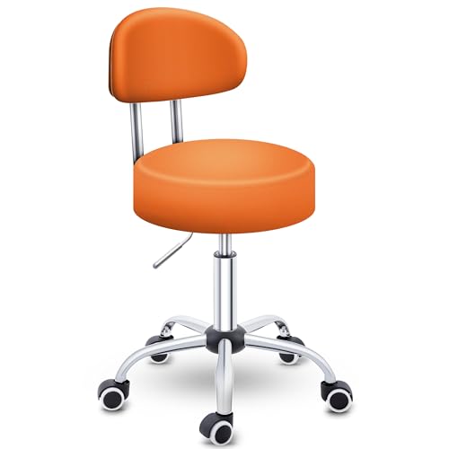 TRESKO® Rollhocker mit Lehne Orange | Arbeitshocker höhenverstellbar 46-58 cm | Drehhocker mit Rollen | Bürostuhl Hocker Drehstuhl Kosmetikhocker von TRESKO