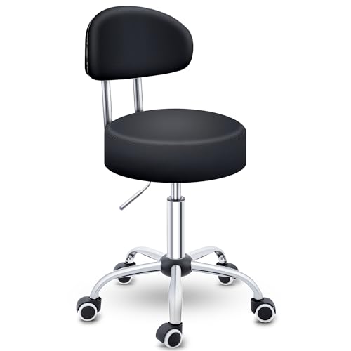 TRESKO® Rollhocker mit Lehne Schwarz | Arbeitshocker höhenverstellbar 47-60 cm | Drehhocker mit Rollen | Bürostuhl Hocker Drehstuhl Kosmetikhocker von TRESKO