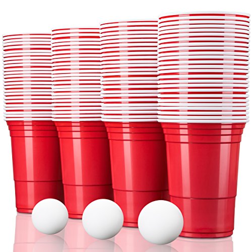 TRESKO 100 Beer Pong Becher + 6 Bälle wiederverwendbar | Partybecher 473ml - 16oz | Bierpong, Red Cups extra stark | Plastikbecher Rot von TRESKO