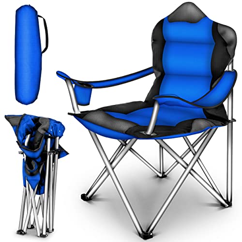 TRESKO Campingstuhl faltbar bis 150 kg | Angelstuhl Faltstuhl Klappstuhl mit Armlehnen und Getränkehalter (Blau) von TRESKO