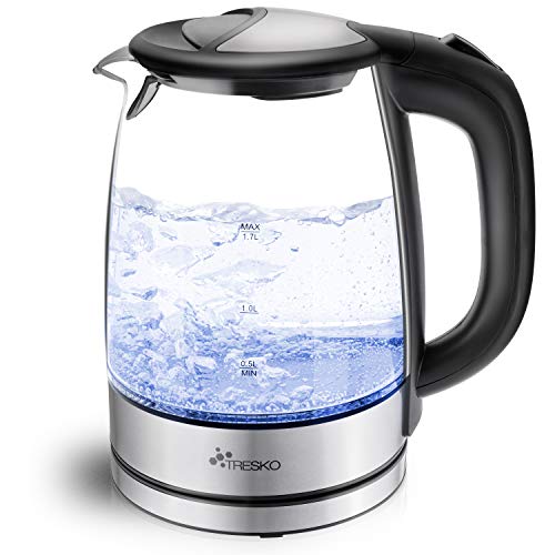 TRESKO Glas Wasserkocher 1.7L - 2200W | LED-Beleuchtung | BPA -frei | 360° Edelstahl Sockel | Abschaltautomatik | Filter von TRESKO