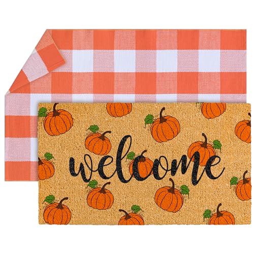 2-teiliges Herbst-Fußmatten-Kombi-Set – 43,2 x 76,2 cm, rutschfeste Fußmatte aus Kokosfaser, 71,1 x 109,2 cm, Büffelkarierter Bodenteppich für Thanksgiving, Innen- und Außenbereich, Veranda 2-teiliges Herbst-Fußmatten-Kombi-Set – 43,2 x 76,2 cm, rutschfeste Fußmatte aus Kokosfaser, 71,1 x 109,2 cm, Büffelkarierter Bodenteppich für Thanksgiving, Innen- und Außenbereich, Veranda von TREWAVE
