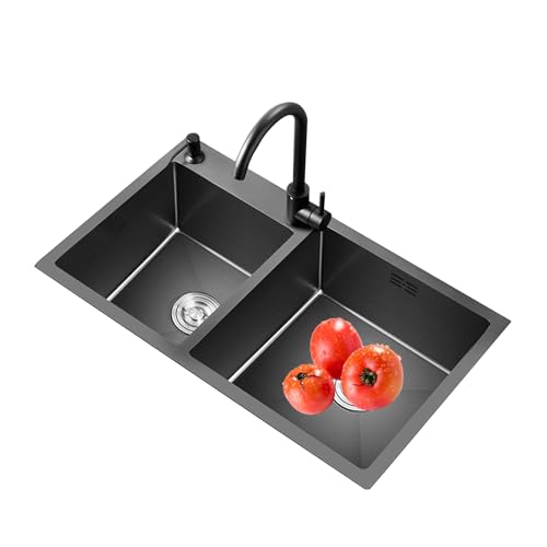 Edelstahl Küchenspüle, Gastro Spüle Einbauspüle Edelstahl mit Wasserhahn mit Kalt und Warmwasserschläuchen Waschtisch(78X46cm/30.7X18.1in,Black) von TRGCJGH