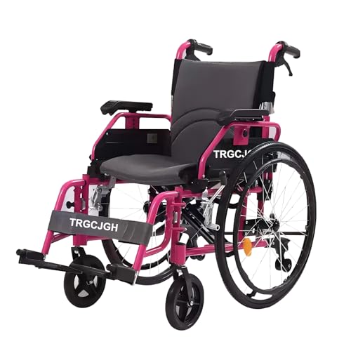TRGCJGH Faltbar Leicht Rollstuhl mit Bremse, Aluminium Reiserollstuhl, Transportrollstuhl, Für ältere Menschen(18.8" Seat Width,Pink) von TRGCJGH