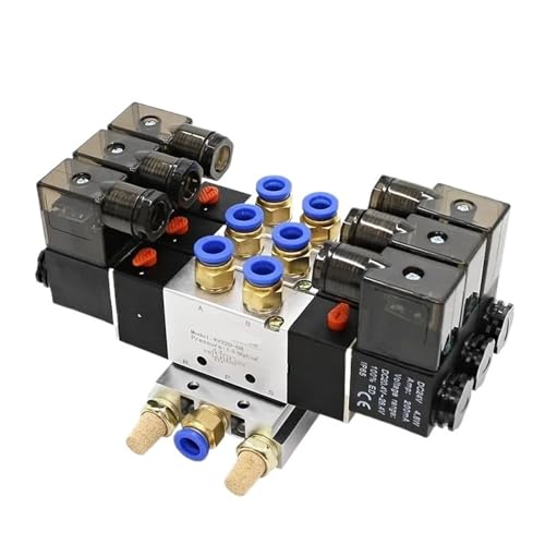 TRGYJGKF 2-5 Row Pneumatic 5 Way Double Solenoid Valve Block 4V220-08 Plate with Fitting Manifold(2 Row 10mm Fitting,DC24V) von TRGYJGKF