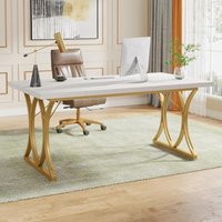 Schreibtisch Computertisch,159 x 79 x 78 cm Modern pc Tisch Bürotisch Arbeitstisch Esstisch mit goldenem Metallrahmen für Home Office zu Hause von TRIBESIGNS