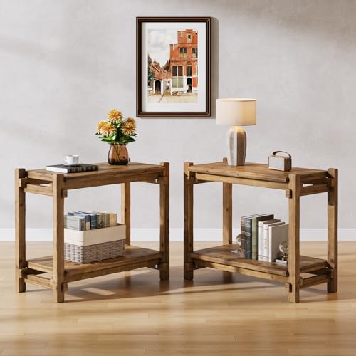 TRIBEWOOD Massivholz-Beistelltisch, Schmal Nachttisch mit Ablagefläche, 80 × 40 × 65 cm, Farmhouse-Stil Sofa Tisch fürs Wohnzimmer, Schlafzimmer, Balkon, Braun, 2 PCS von TRIBEWOOD