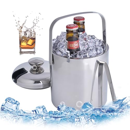 TRIEBAN 1.3 Liter Eiseimer Edelstahl Eiskübel mit, Eiskühler Eiswürfelbehälter, Doppelwandiger aus Tragbar Isolierung Sektkühler mit Deckel,Tragegriff,Eisschaufel und Sieb, Silber von TRIEBAN