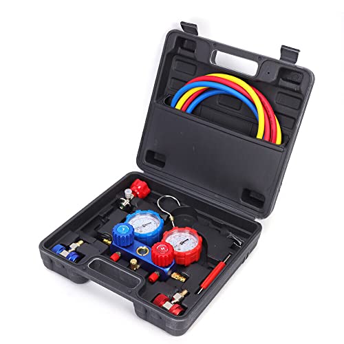 TRIEBAN 2-Wege Monteurhilfe Klimaanlage,Kältemittel Manifold Messgerät Set Klimaanlage Werkzeuge mit Schlauch und Haken für R134a R22 R12 R404A R410A R502 von TRIEBAN