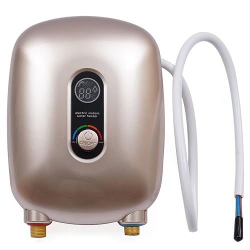 TRIEBAN Elektrischer Durchlauferhitzer, Mini Warmwasserspeicher Set, Instant Electric Tankless Durchlauferhitzer Temperatur Sofort Warm mit LED-Anzeige für Haus Bad Küche 6500W 220V (Gold) von TRIEBAN