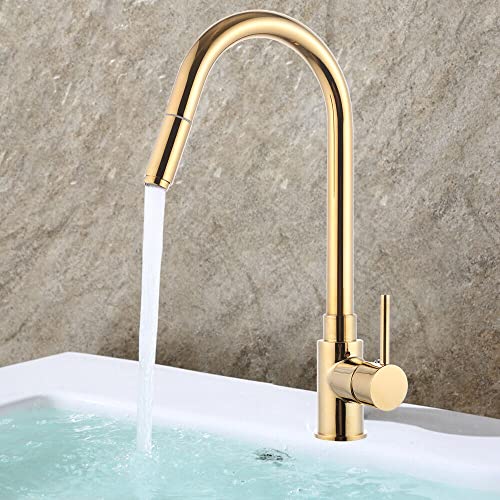TRIEBAN Wasserhahn Küche, Spültischarmatur Ausziehbarer Küchenarmatur Einhebel 360°Schwenkbar Spültischarmatur Messing Mischbatterie für Küchen Spüle Spültischarmatur (Gold) von TRIEBAN