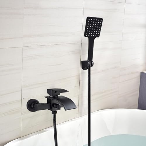 TRIEBAN Wasserhahn Wandmontage, Badewannenarmatur Duschset Wasserhahn Badewanne Wasserfall mit Brasue für Bad Schwarz von TRIEBAN