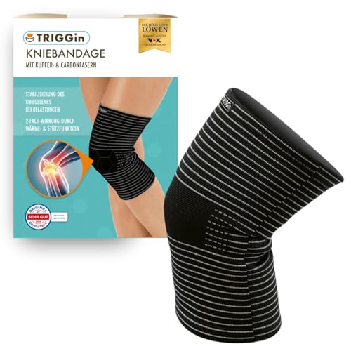 TRIGGin Kniebandage – Stabilisierung des Knies bei sportlichen Aktivitäten | Kupfer- und Carbonfasern für extra Halt, 2-fach-Wirkung Kompression und Wärmeunterstützung | Zertifizierte Qualität von TRIGGin
