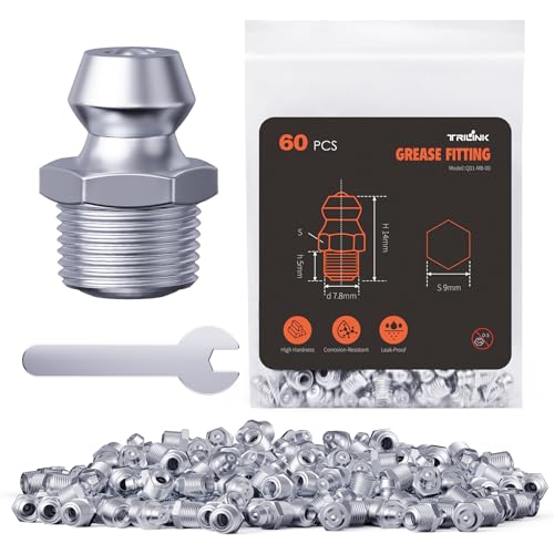 TRILINK Schmiernippel M8, metrische Schmier fittings mit geraden, Schmiernippel-Kit mit Schraubenschlüssel - Ideal für Automotive, Landwirtschafts und Industriemaschinen (60 Stück) von TRILINK