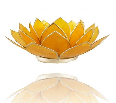 TRIMONTIUM TL12003S Teelichthalter in Form Einer dreiblättrigen Lotusblüte, Durchmesser Circa 14 cm, Capiz-Muschel, Info, Aluminium, Gelb, ca. 14 x 14 x 5 cm von TRIMONTIUM