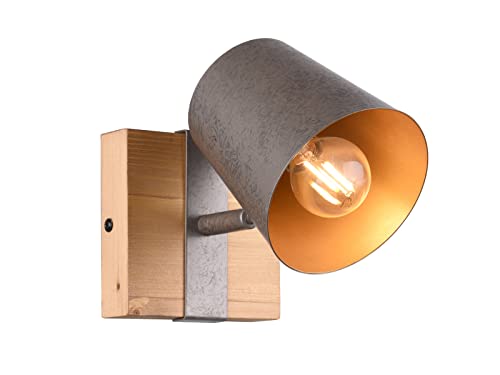 TRIO Beleuchtung Vintage LED Wandstrahler 1 flammig Holz mit Metall-Lampenschirm in Silber antik & innen Gold von TRIO Beleuchtung