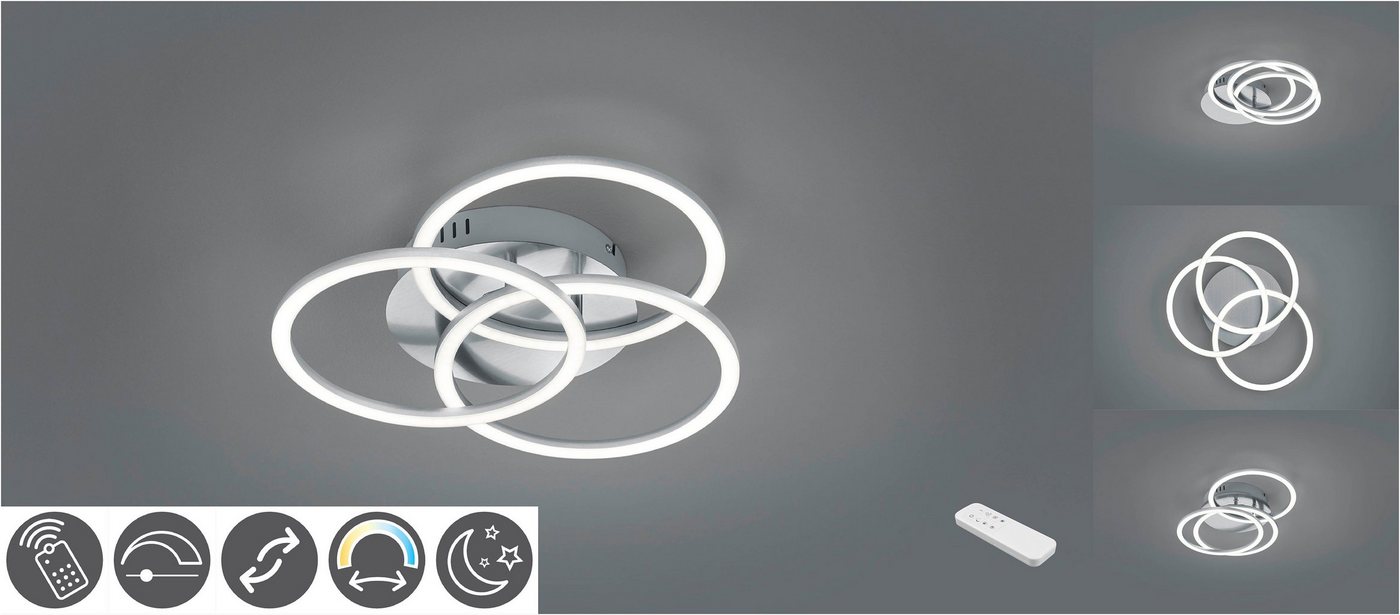 TRIO Leuchten LED Deckenleuchte Circle, Memoryfunktion, Nachtlichtfunktion, LED fest integriert, warmweiß - kaltweiß, Deckenlampe Nickel matt mit schwenkbaren Ringen / inkl. Fernbedienung von TRIO Leuchten