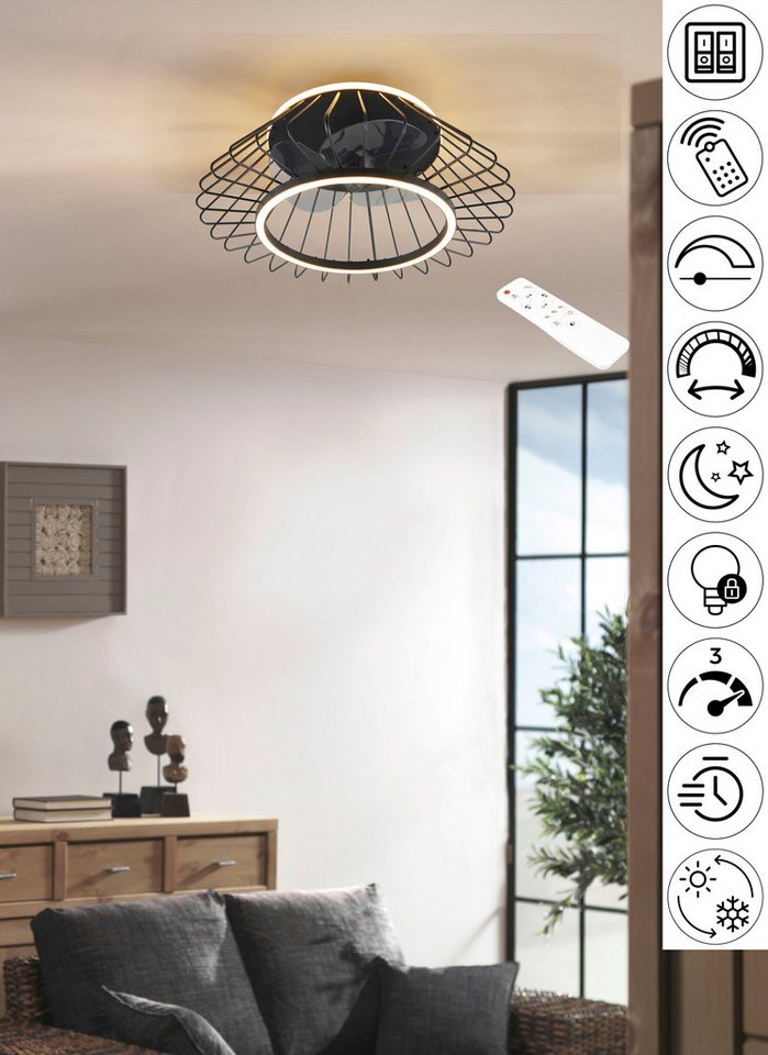 TRIO Leuchten LED Deckenleuchte KARLSBORG Deckenventilator mit Beleuchtung, m. Fernbedienung, dimmbar, Timerfunktion, Ventilatorfunktion, LED fest integriert, warmweiß - kaltweiß, LED Ventilator 3 Stufen Timer Memoryfunktion Lichtfarbe einstellbar von TRIO Leuchten