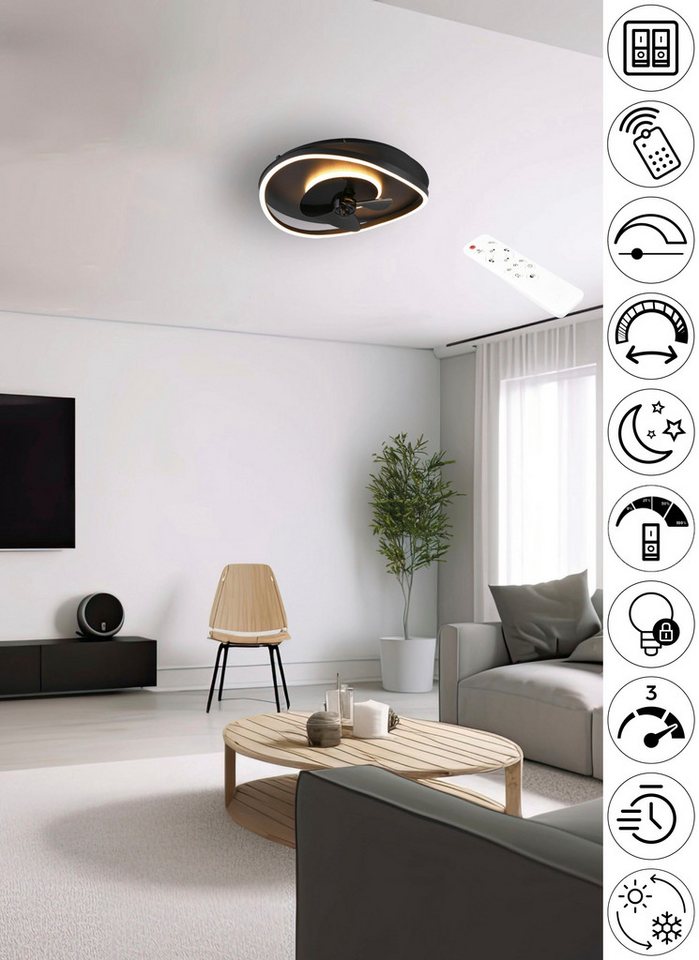 TRIO Leuchten LED Deckenleuchte SORTLAND Deckenventilator mit Beleuchtung Fernbedienung 3 Stufen Timer, Timerfunktion, Ventilatorfunktion, LED fest integriert, warmweiß - kaltweiß, LED Ventilator dimmbar CCT Memory Nachtlicht Sommer- & Winterfunktion von TRIO Leuchten