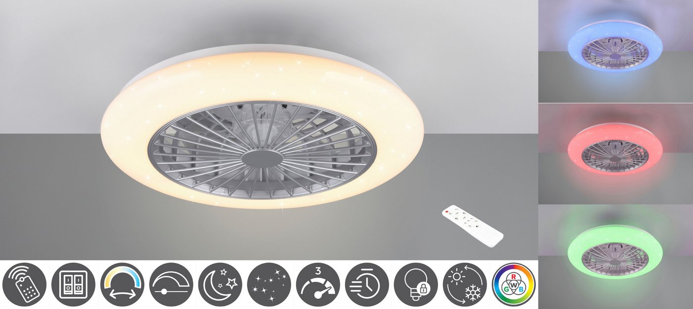 TRIO Leuchten LED Deckenleuchte Stralsund Deckenventilator, Farbwechsel, Memoryfunktion, Nachtlichtfunktion, Ventilatorfunktion, LED fest integriert, warmweiß - kaltweiß, Deckenlampe, Ventilator 3 Stufen, Fernbed. Lichtfarbe einstellbar RGBW von TRIO Leuchten