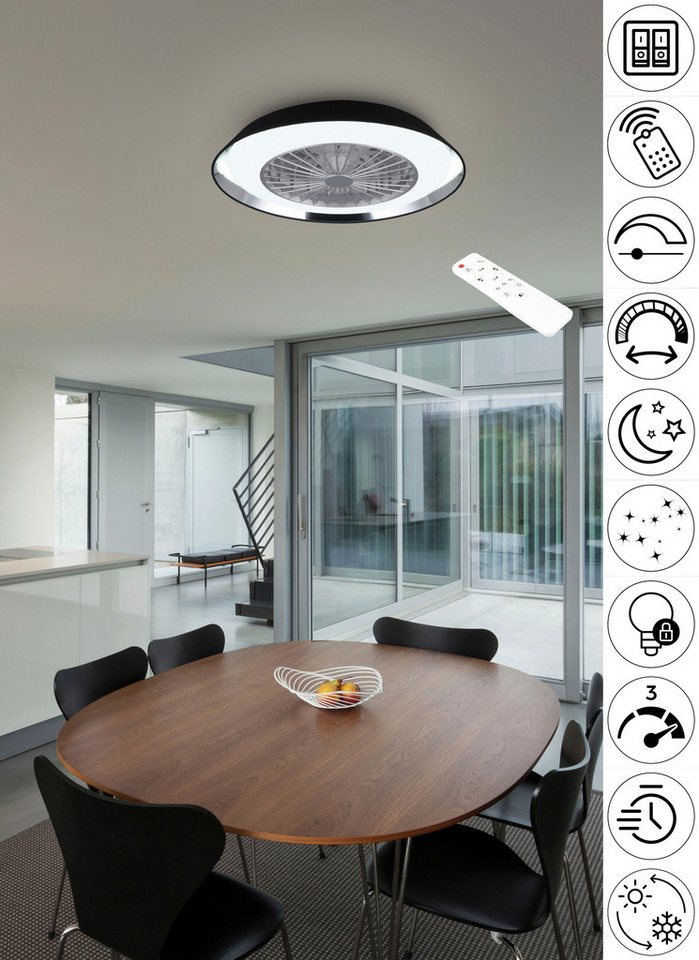 TRIO Leuchten LED Deckenleuchte VARBERG Deckenventilator mit Beleuchtung, mit Fernbedienung, dimmbar, Memoryfunktion, Nachtlichtfunktion, Timerfunktion, Ventilatorfunktion, LED fest integriert, warmweiß - kaltweiß, LED Ventilator 3 Stufen Timer Memoryfunktion Lichtfarbe einstellbar von TRIO Leuchten