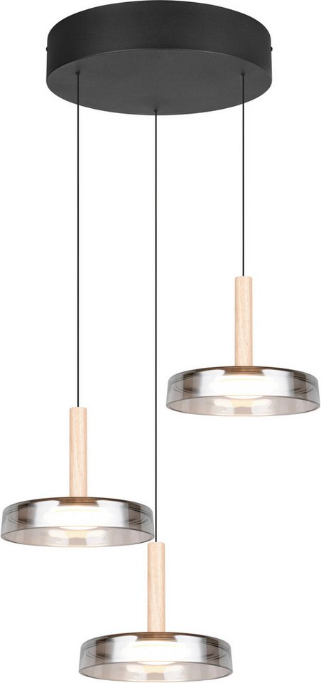 TRIO Leuchten LED Pendelleuchte CELESTE dimmbare LED Hängelampe aus Metall Glas & Holz, 7,5W 750 Lumen, Dimmfunktion, LED fest integriert, Warmweiß, 3-flammig einfach höhenverstellbar von 50-200 cm 3-Stufen Dimmfunktion von TRIO Leuchten