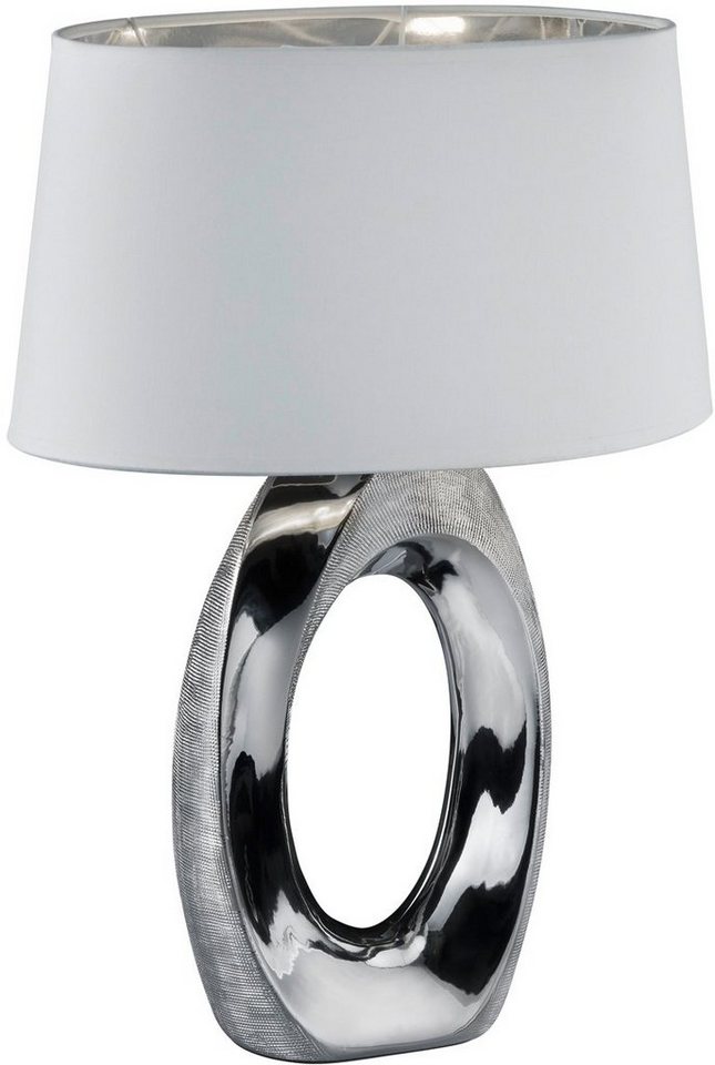 TRIO Leuchten Schreibtischlampe Taba, E27 Tischleuchte mit Keramikfuß und weiß-silberfarbigem Stoffschirm von TRIO Leuchten