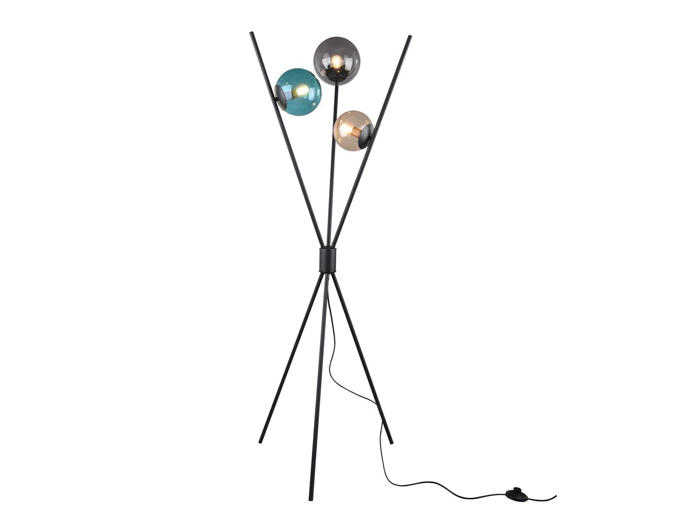 TRIO Leuchten LED Stehlampe, LED wechselbar, Warmweiß, Tripod ausgefallene moderne Glas-kugel Lampe Dreibein, Bunt Höhe 156cm von TRIO Leuchten