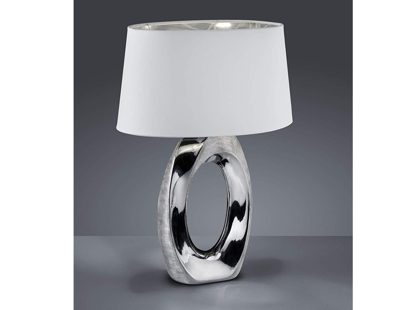 meineWunschleuchte LED Tischleuchte, LED wechselbar, Warmweiß, große ausgefallen-e Design-er Lampe mit Stoff Lampenschirm Weiß Silber von meineWunschleuchte