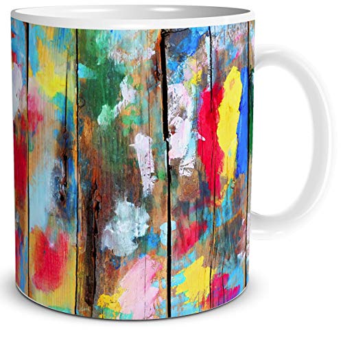 TRIOSK Maler Tasse mit Holz Wand Kunst Malerei Holzoptik Kunterbunt Geschenk lustig für Frauen Männer Malermeister Künstler, Keramik 300ml von TRIOSK