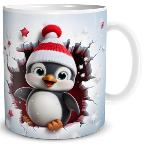 TRIOSK 3d Illusion Tasse Weihnachten Pinguine Weihnachtsmotiv mit Pinguin bricht durch Becher Pinguinmotiv Geschenk lustig für Pinguinliebhaber, Keramik, 330ml von TRIOSK