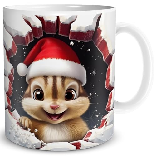 TRIOSK 3d Illusion Tasse Weihnachten Tiere mit Streifenhörnchen bricht durch Becher Weihnachtsmotiv Geschenk lustig für Eichhörnchen Fans, Keramik, 330ml von TRIOSK