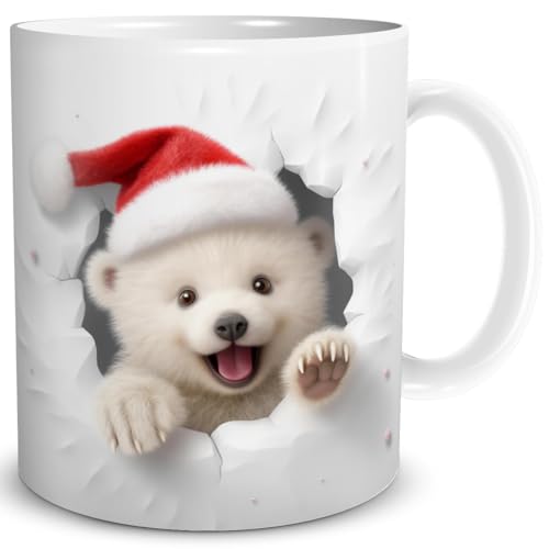 TRIOSK 3d Illusion Tasse Weihnachten mit Eisbären Weihnachtsmotiv Eisbär Baby bricht durch Becher Bärenmotiv Geschenk lustig für Eisbärfans, Keramik, 330ml von TRIOSK