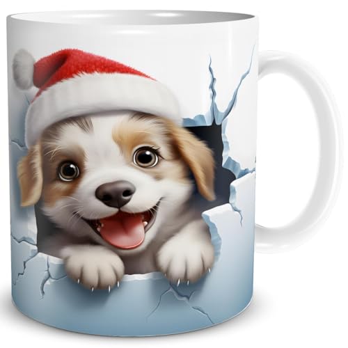 TRIOSK 3d Illusion Tasse Weihnachten mit Hunde Weihnachtsmotiv Hund bricht durch Becher Hundemotiv Geschenk lustig für Hundebesitzer Hundeliebhaber, Keramik, 330ml von TRIOSK