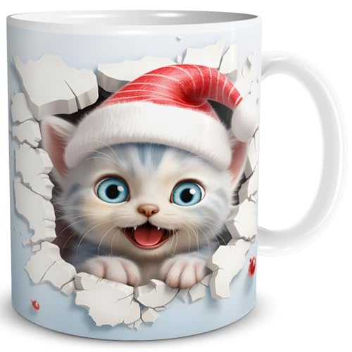 TRIOSK 3d Illusion Tasse Weihnachten mit Katzen Weihnachtsmotiv Katze bricht durch Becher Katzenmotiv Geschenk lustig für Katzenliebhaber Blau, Keramik, 330ml von TRIOSK