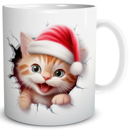 TRIOSK 3d Illusion Tasse Weihnachten mit Katzen Weihnachtsmotiv Katze bricht durch Becher Katzenmotiv Geschenk lustig für Katzenliebhaber Rot, Keramik, 330ml von TRIOSK