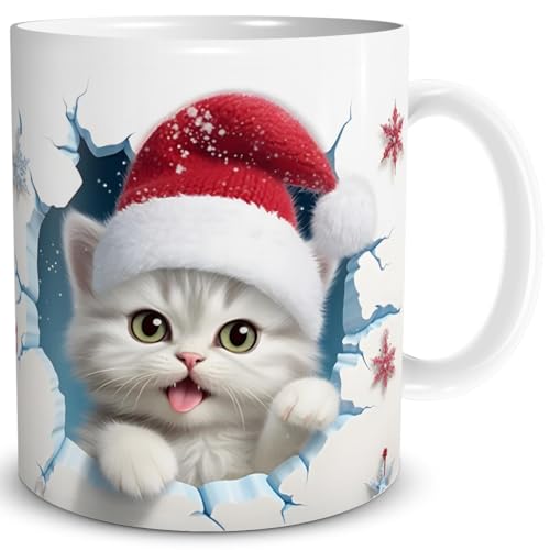 TRIOSK 3d Illusion Tasse Weihnachten mit Katzen Weihnachtsmotiv Katze bricht durch Becher Katzenmotiv Geschenk lustig für Katzenliebhaber Weiß, Keramik, 330ml von TRIOSK