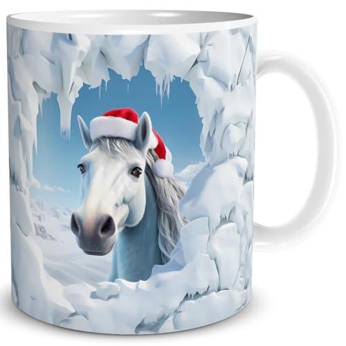 TRIOSK 3d Illusion Tasse Weihnachten mit Pferde Weihnachtsmotiv Pferd bricht durch Becher Pferdemotiv Geschenk lustig für Pferdeliebhaber Weiß, Keramik, 330ml von TRIOSK