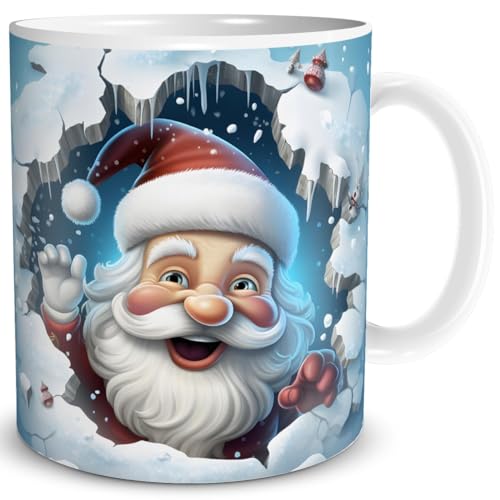 TRIOSK 3d Illusion Tasse Weihnachten mit Santa Weihnachtsmann bricht durch Becher Weihnachtsmotiv Geschenk lustig für Weihnachtsliebhaber Blau, Keramik, 330ml von TRIOSK