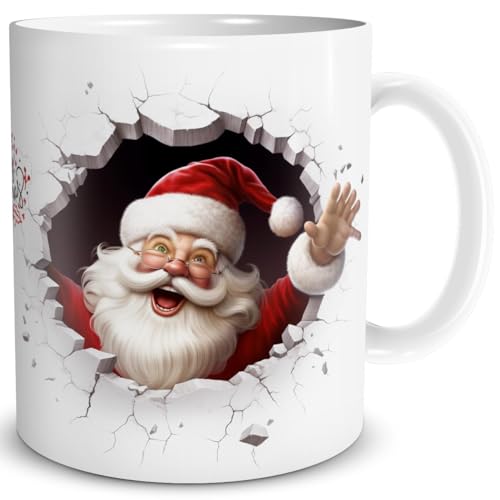 TRIOSK 3d Illusion Tasse Weihnachten mit Santa Weihnachtsmann bricht durch Becher Weihnachtsmotiv Geschenk lustig für Weihnachtsliebhaber Rot, Keramik, 330ml von TRIOSK