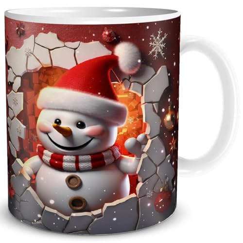 TRIOSK 3d Illusion Tasse Weihnachten mit Schneemann bricht durch Becher Weihnachtsmotiv Geschenk lustig für Weihnachtsliebhaber Rot, Keramik, 330ml von TRIOSK