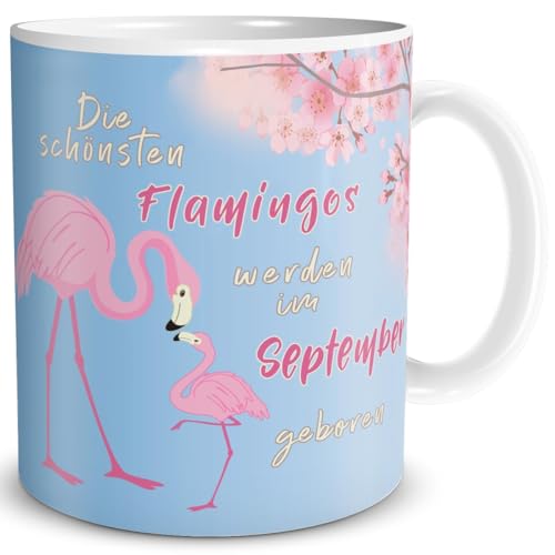 TRIOSK Geburtstag Tasse Flamingo September Die schönsten Flamingos Geschenk lustig mit Spruch für Frauen Freundin Mädchen, Keramik 300ml von TRIOSK