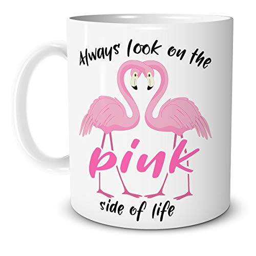 TRIOSK Flamingo Teebecher mit Lustigem Spruch „Always Look on The Pink Side!“ Geschenk für Frauen, Geschenkidee für Mädchen, Weiß Pink, 330 ml Keramiktasse, KaffeeTeebecher für Freundin, Teetasse von TRIOSK