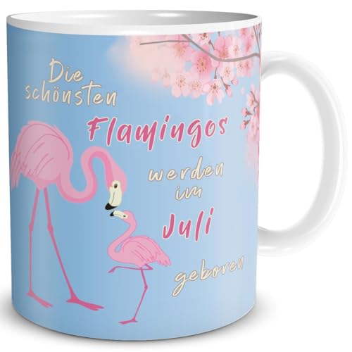 TRIOSK Geburtstag Tasse Die schönsten Flamingos werden im Juli geboren Flamingo Geschenk lustig mit Spruch für Frauen Freundin, Keramik 300ml von TRIOSK