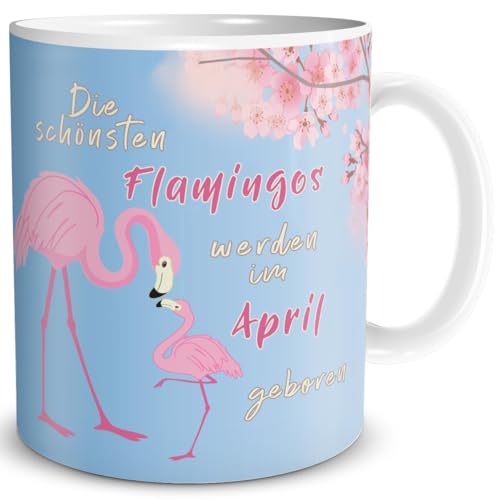 TRIOSK Geburtstag Tasse mit Spruch Die schönsten Flamingos werden im April geboren Flamingo Geschenk lustig für Frauen Freundin, Keramik 300ml von TRIOSK