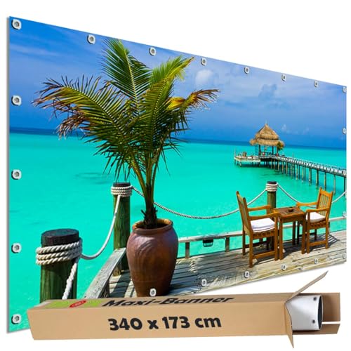 TRIOSK Große Motivplane Sichtschutz Zaunblende mit Motiv Karibik Strandbar Beach Meerblick Motivbanner Garten Deko Plane Blickdicht für Zaun Terrasse Gartenzaun Zaunplane PVC 340x173 cm von TRIOSK